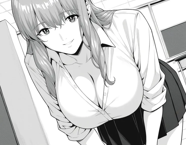 score_9, score_8_up, score_7_up, source_anime,
tomokoyoshioka, <lora:tomoko-yoshioka-manga-ponyxl-lora-nochekaiser:1>,
tomoko yoshioka, long hair, bangs, monochrome, greyscale, sidelocks, large breasts,
skirt, shirt, cleavage, school uniform, white shirt, ...