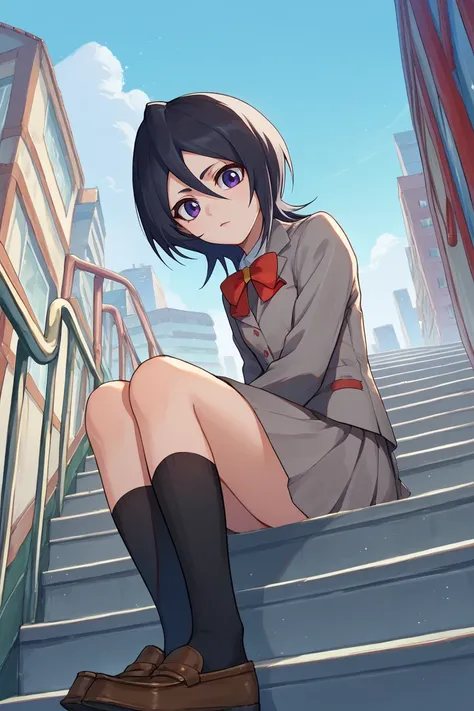 score_9, score_8_up, score_7_up, score_6_up, source_anime BREAK 1girl, solo,  <lora:rukia-pdxl-nvwls-v1-000006:1> defrka, black hair, black eyes, short hair, red bowtie, grey blazer, grey skirt, black socks, loafers, sitting, looking at you, stairs, city, ...