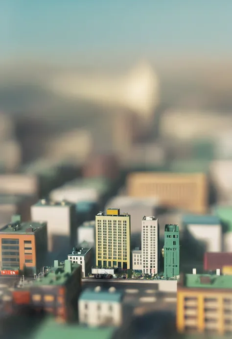 Tilted Miniature Cityscape with Blurred Edges, digital art, urban landscape, tiny buildings, toy-like quality, perspective distortion, tilted horizon, soft focus, atmospheric haze, muted colors, dreamy mood, surreal scene, artistic style.