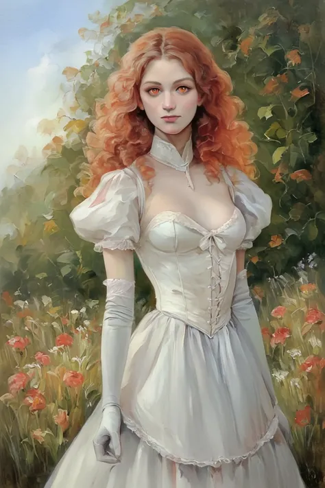 score_9, score_8_up, score_7_up, rating_safe, painterly, faux traditional media, realistic, 1girl, solo, long hair, curly hair, wavy hair, orange hair, orange eyes, looking at viewer, breasts, dress, white dress, puffy sleeves, puffy short sleeves, short s...