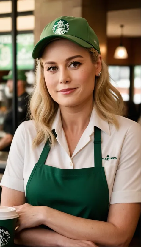 a beautiful picture of brieXL,blonde,mature woman,detailed skin texture,masterpiece, photorealistic, light, RAW color photo,(fully in frame:1.1), (blush:0.5), (goosebumps:0.5),  (smiling:0.5),wearing a starbucks uniform,green cap,detailed face,indoors,   <...