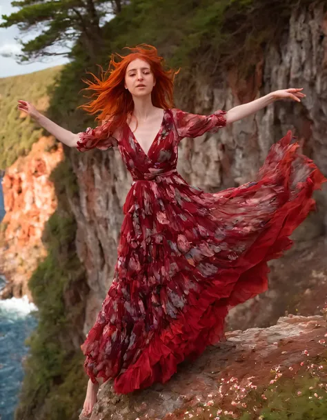 In the midst of an enchanted forest, Eleonora, a woman with fiery red locks cascading around her like a crimson waterfall, stands alone on the edge of a crumbling cliff, the soft focus capturing her as she confidently twirls in a whimsical floral gown, the...