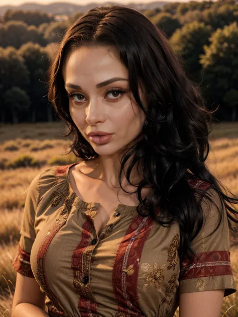 Crystal8, upper body portrait of a standing woman wearing a black folk dress with red patterns outdoors in a grass field (eye contact:1.3), hair blowing in the wind, at golden hour