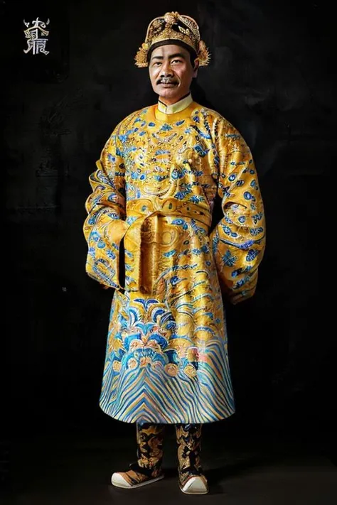 Vietnamese middle age Man, long facial hair,Vietnam dragon robe, belt, emperor crown, standing