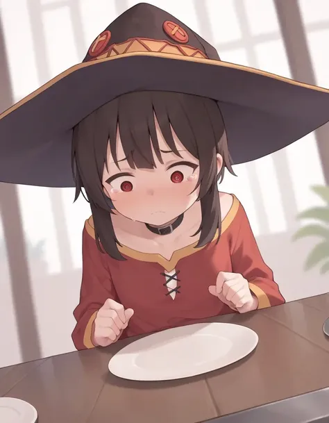 score_9, score_8_up, score_7_up,  score_6_up, (megumin:0.8) stressed looking an empty plate, frown, @ @, witch hat, choker, tearing up, solo, red shirt, looking down, 
 <lora:peachyp_style_pony6_v1-000032:.8>