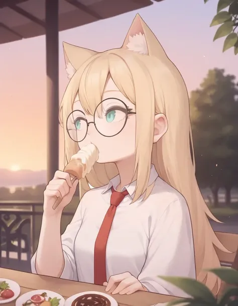 score_9, score_8_up, score_7_up,  score_6_up,rating_safe, cat girl, blonde hair, round eyewear, eating ice cream, outdoors, looking away, sunset, long hair, sidelocks, necktie, 
 <lora:peachyp_style_pony6_v1-000032:1>