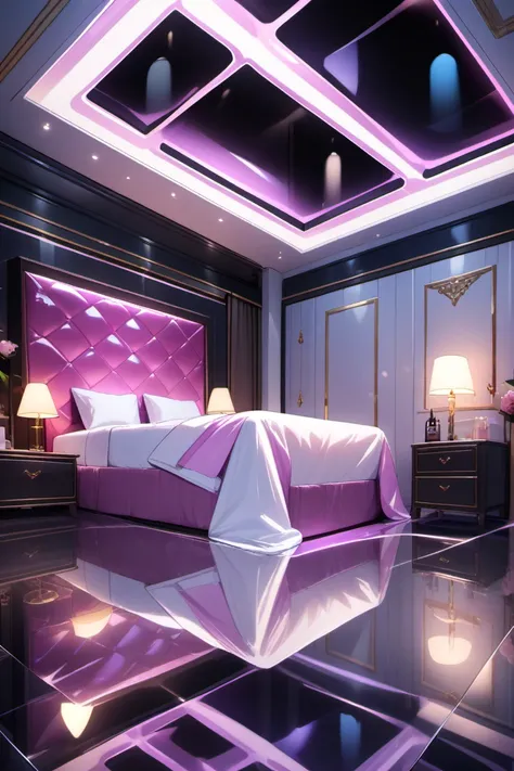 <lora:lovehotelpony01:0.9> lovehotel, reflection ground, glowing bed,ceiling reflection,, masterpiece, best quality, very aesthe...