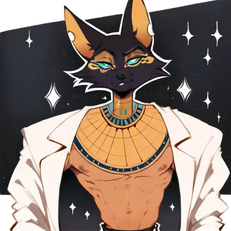 1boy, blue-green eyes, egyptian, male focus, egyptian makeup, nipples, furry, furry male, sparkle, looking at viewer, beige torso, egyptian clothes