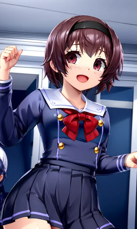 mmayu, short hair, navy blue shirt, serafuku, red neckerchief, navy blue skirt,  pleated skirt, having a fun, soft smile <lora:cmayu-chan:1>