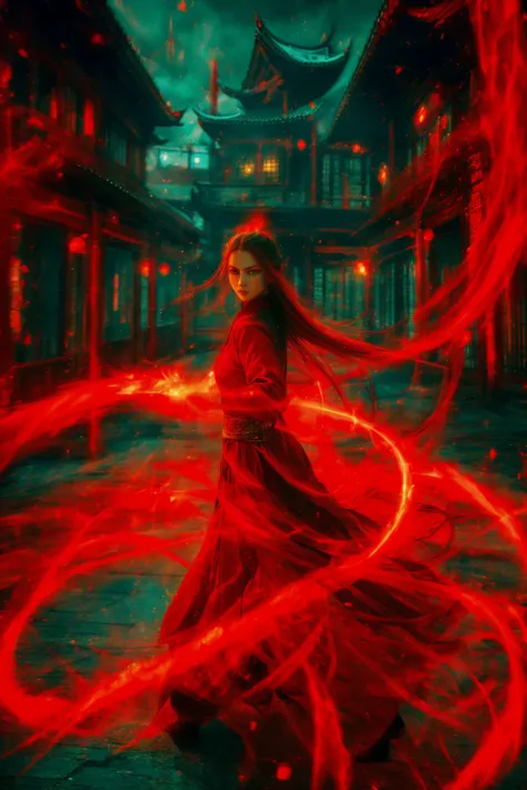 dancing,fighting stance,red-aura,using red-magic,red-magic,1girl,solo,long hair,blue eyes,common face,full body,<lora:magic_fighting_red_512_dreamshaper_8_2:0.8>,