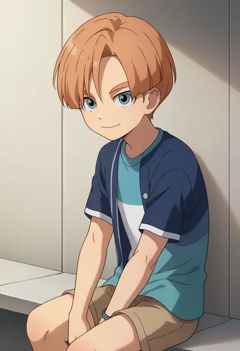 score_9, score_8_up, source_anime, highly detailed, 1boy, solo
malik, male focus, 1boy, solo, blue eyes, smile, upper body, orange hair, blue shirt, open shirt, t-shirt, striped t-shirt, short pants, full body, 
outdoor, sit,