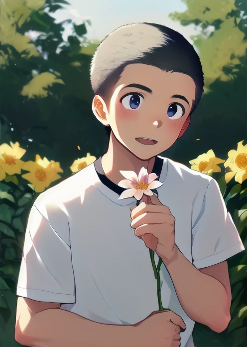 anime artwork, master piece, best quality, BREAK 1boy, solo,
gentarou, outdoor, (holding flower:1.3)  In the garden, white shirt, clean, ((male short hair)),((boys short hair)), ((very short hair)), black hair, black eyes, 
 <lora:gentarouSD1.5:1>