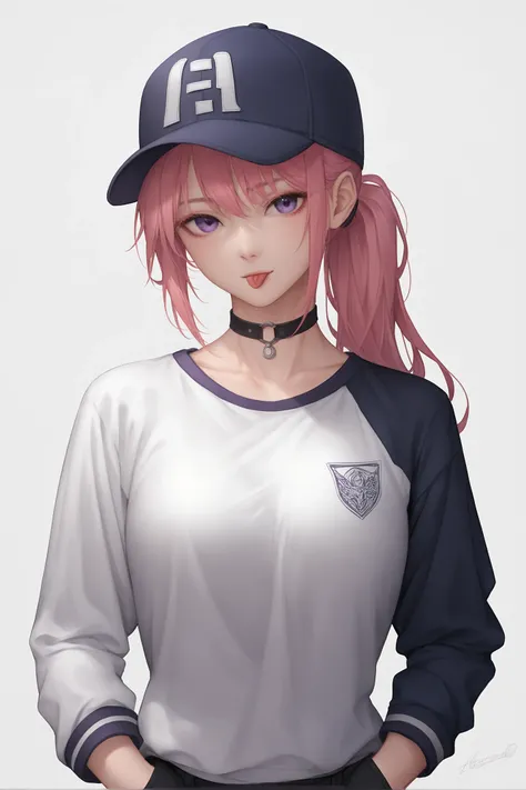 tAngerinestyle, 1girl, tongue out, tongue, solo, hat, purple eyes, grey background, baseball cap, simple background, long hair, long sleeves, choker, looking at viewer, shirt, collarbone, bangs, hand up, ponytail, hand in pocket, upper body, :p, shirt tuck...