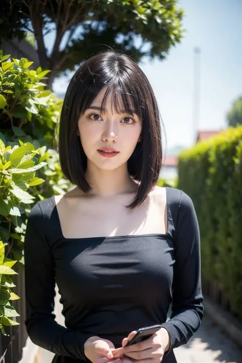 1girl,solo,black hair,smile,bangs,short hair,looking at viewer,long sleeves,upper body,blunt bangs,bob cut,dress,brown eyes,black dress,
(instagram photo:1.4),outdoors,(photo background:1.4),best quality,masterpiece,illustration,Amazing,finely detail,maste...