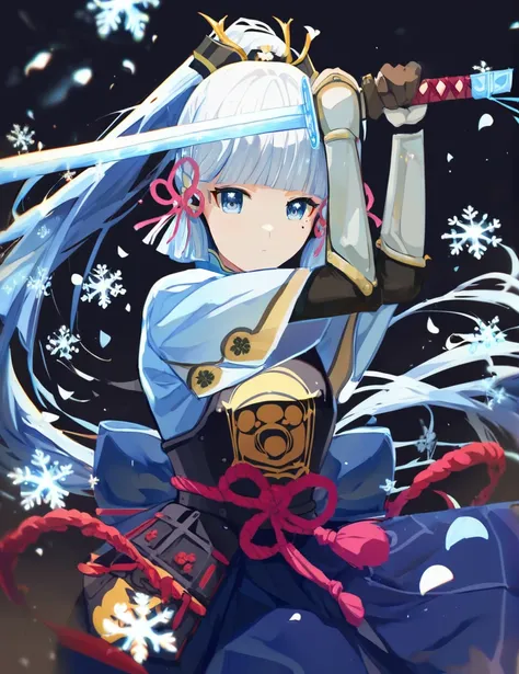 score_9, score_8_up, score_7_up, 
high guard sword parry stance, 1girl,solo,long hair,looking at viewer,bangs,blue eyes,hair ornament,gloves,ribbon,blue hair,hair ribbon,ponytail,japanese clothes,black gloves,blunt bangs,armor,mole,arms up,petals,mole unde...