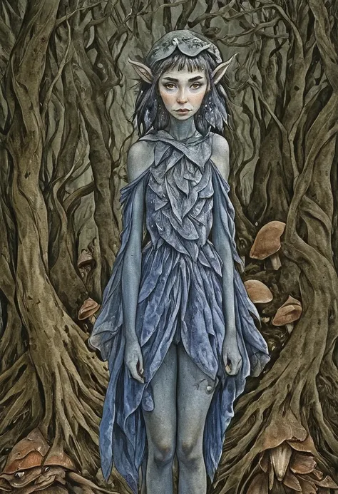 A detailed watercolor portrait of a female elf with a quirky and playful appearance. The elf has fine features, with pointy ears, black eyes and a serene expression. It stands upright, wearing multiple layers of clothing. The background is filled with mush...