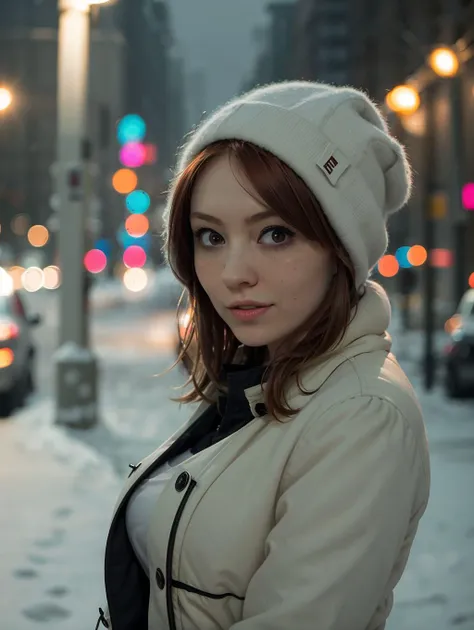 Natalia8, cinematic photo {professional portrait photograph of a smiling woman girl in winter clothing with short wavy brown hair, ((sultry flirty look)), freckles, beautiful symmetrical face, cute natural makeup, ((standing outside in snowy city street)),...