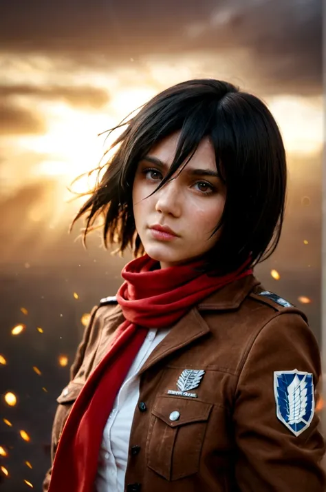 (ZPDXLrl), 
1girl, solo, looking at viewer, short hair, bangs, shirt, black hair, hair between eyes, brown eyes, closed mouth, jacket, white shirt, upper body, open jacket, lips, windswept hair, portrait, red scarf, brown jacket, nose, emblem, paradis mili...