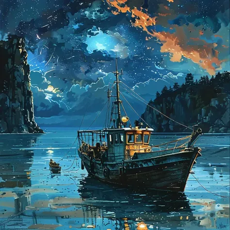 fishing boat, bioluminescent sky