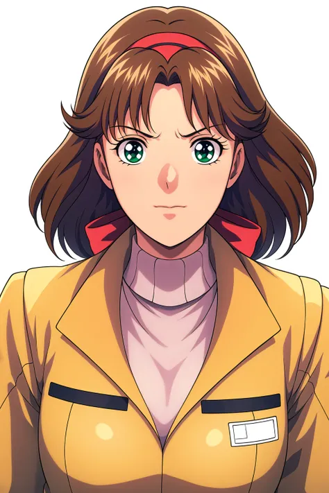 Simple White Background,
dynamic pose,standing at attention,
yellow jacket,sweater, turtleneck, long sleeves, 
<lora:Lucille_Aisley_GUnit-KK77-V1:0.7>,
green eyes, brown hair,bangs,short hair,red hairband,
<lora:more_details:0.1>,<lora:Oda_Non_Style-KK77-V...