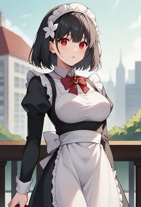 score_9,score_8_up,score_7_up,score_6_up,score_5_up,score_4_up,
1girl, lainie cyan, short hair, black hair, bob cut, breasts, maid, maid apron, red eyes, red brooch, mob cap, hair flower, long sleeves, 
solo, cowboy shot, outdoors, city, looking at viewer,...