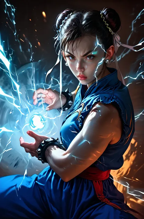 arafed woman in blue outfit holding a ball of lightning