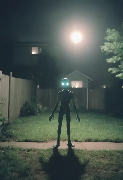 found footage grainy photograph light flare alien in a nighttime suburban backyard under the bright spotlight of a ufo menacing and disturbing the neighbors analog film noise