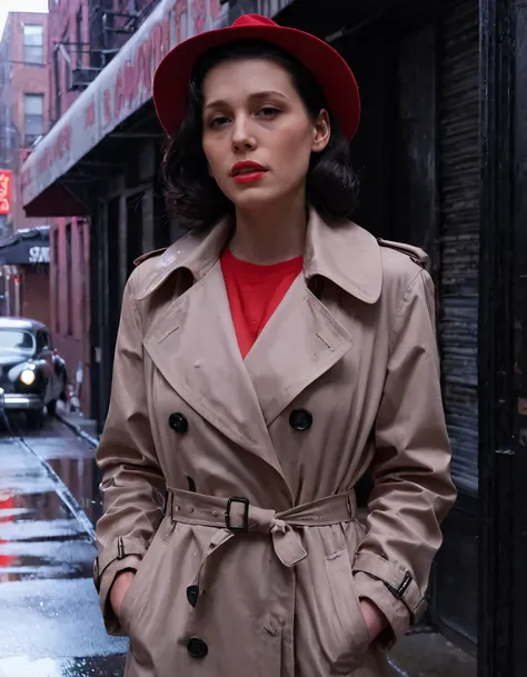 In the midst of a rain-soaked, neon-lit 1940s New York City alleyway, Elena stands alone, her black hair parted and slicked back from the rain, smoke curling lazily from the red cherry of her cigarette that dangles between parted lips, all while she defian...