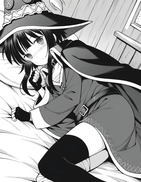 score_9, score_8_up, score_7_up, source_anime,
konosubamegumin, <lora:konosuba-megumin-manga-ponyxl-lora-nochekaiser:1>,
megumin, short hair, black hair, short hair with long locks, monochrome, greyscale,
thighhighs, gloves, hat, dress, black gloves, belt,...