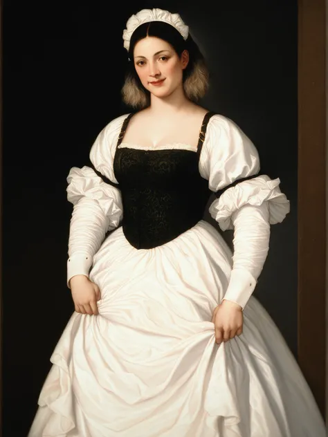 score_9, a happy medieval woman housemaid, dark hair, Layered Bob Hair, wears gray rustic shabby clothes, <lora:Titian_Vecellio-000011:1>, zPDXL