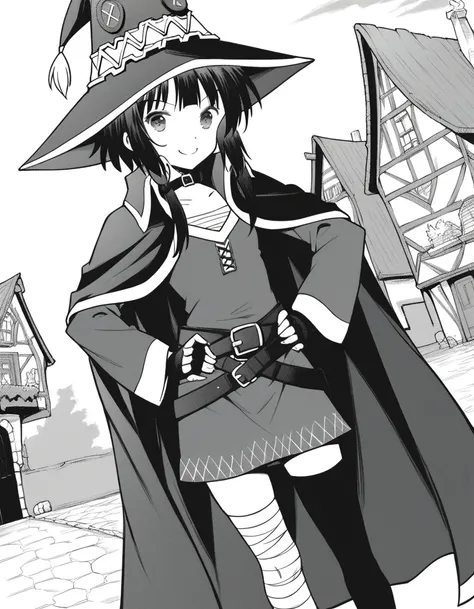 score_9, score_8_up, score_7_up, source_anime,
konosubamegumin, <lora:konosuba-megumin-manga-ponyxl-lora-nochekaiser:1>,
megumin, short hair, black hair, short hair with long locks, monochrome, greyscale,
thighhighs, gloves, hat, dress, black gloves, belt,...