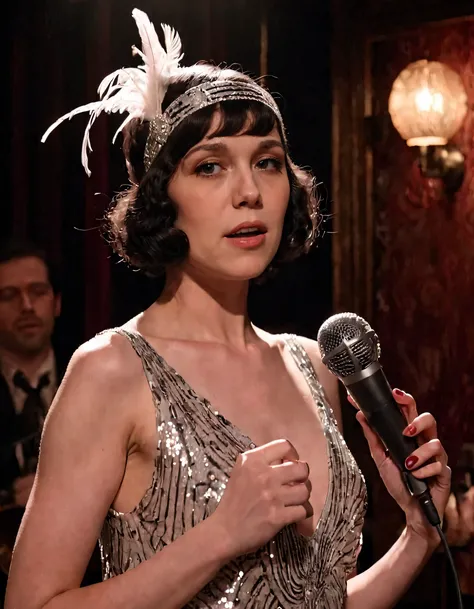 With a single spotlight illuminating her black hair, parted lips pressed tightly around the microphone, Elena, a sultry jazz-age flapper adorned in a shimmering sequin dress and feathered headpiece, defiantly stands alone on a dimly lit speakeasy stage, da...