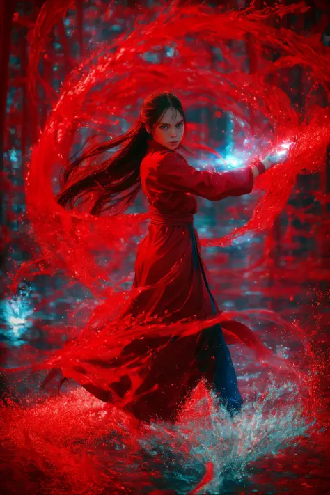 dancing,fighting stance,red-water-aura,using red-water-magic,red-water-magic,1girl,solo,long hair,blue eyes,common face,full body,<lora:magic_fighting_red_512_dreamshaper_8_2:0.8>,