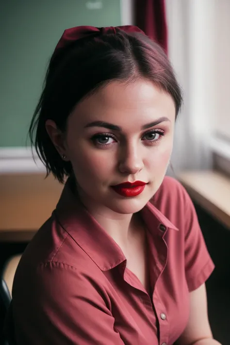 annapaquin,((detailed eyes, detailed face):1.2), (epic),((red lipstick, blush)), ,photo of a woman, RAW,   ((bowtie, shirt)),((short hair)), ((classroom, sitting)), slim body,  8k uhd, dslr, soft lighting, high quality, film grain, Fujifilm XT3 sharp focus...