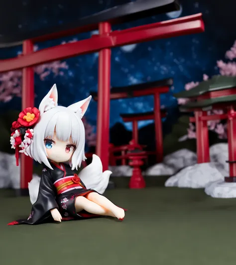 1girl,
pvc figure,
(1o1i:1.2), solo, white hair, kimono, short hair, red eyes, hair ornament, shrine, torii, fox girl, fox ears, fox tail, tail, multiple tails, expressionless, smile, wide shot, black kimono, long sleeves, looking at viewer, closed mouth, ...