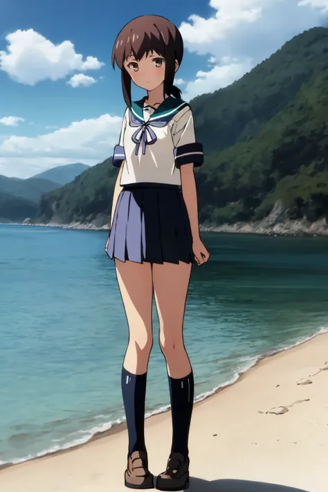 masterpiece, best quality,
1girl, fubuki (kancolle), brown hair, low ponytail, sidelocks, brown eyes,
sailor collar, school uniform, serafuku, pleated skirt,
full body, contrapposto, solo, looking at viewer, blue sky, water, sea background    <lora:Fubuki:...