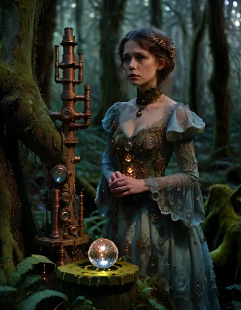 As dawn breaks, Elena stands resplendent on a mossy tree stump adorned in an elaborate Victorian gown accentuated by brass gears and copper pipes, her eyes lost in the depths of a glowing crystal orb as she contemplates the enchanting bioluminescent flora ...