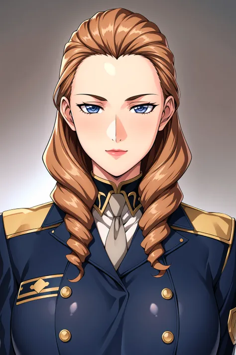 Simple White Background,
dynamic pose,standing at attention,
uniform with a tie,military uniform,  jacket,
<lora:sally_po_WGundam-KK77-V1:0.7>,
blue eyes, brown hair,Long hair,drill hair,  lipstick,forehead, 
<lora:more_details:0.1>,<lora:Oda_Non_Style-KK7...