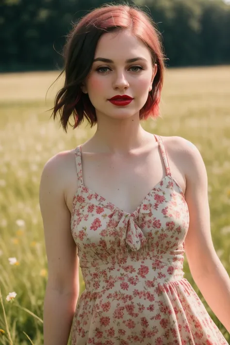 annapaquin,((detailed eyes, detailed face):1.2), (epic),((red lipstick, blush)), ,photo of a woman, RAW,  ((beautiful floral print sundress)),((short hair, pixie cut)), ((outdoors, gorgeous meadow, walking)),  8k uhd, dslr, soft lighting, high quality, fil...