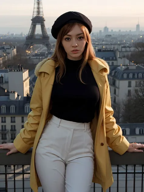 Natalia8, masterpiece, best quality, 1girl, posing, yellow shirt, full body, beret, furcoat, long hair, black pants, balcony, french, paris, Eiffel Tower in the background, depth of field, extremely detailed