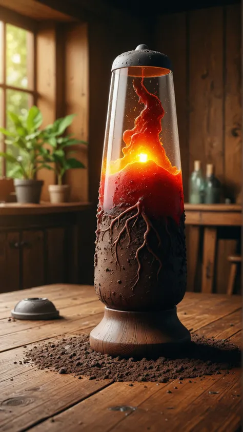 <lora:ElementEarthSDXL:1>ElementEarth Realistic digital painting of a molten lava lamp on a wooden table, dimly lit room, warm colors, glowing lava, smooth glass, textured base, vintage style, crisp details, high resolution, detailed reflections, bokeh bac...