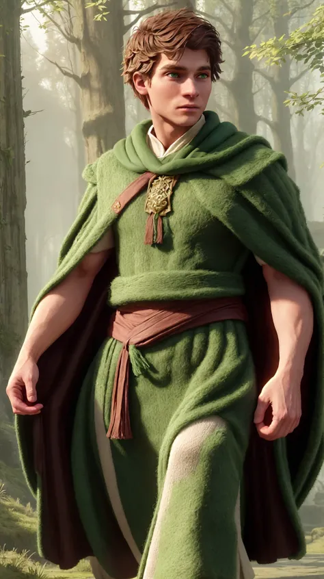 (face focus). (masculine:1.3), large strong physique:1.0, walking down forest pathway, (muscular;1.2), large muscles:1.1, ((wearing thick large long flowing simple green wool fantasy wizard robes:1.3)), (wearing matching long flowing cape:1.2), (green eyes...