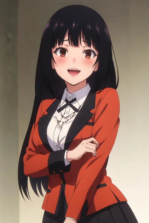 Yumeko Jabami, 4k, absurd, high resolution, very high resolution, high definition, masterpiece, black hair, long hair, school uniform, red jacket, black skirt, pleated skirt, black pantyhose, brown eyes, white shirt, ribbon, lips, white shirt, collared shi...