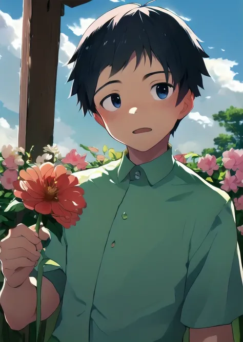 anime artwork, master piece, best quality, BREAK 1boy, solo,
gentarou, outdoor, (holding flower:1.3)  In the garden, white shirt, clean, ((male short hair)),((boys short hair)), ((very short hair)), black hair, black eyes, 
 <lora:gentarouSD1.5:1>