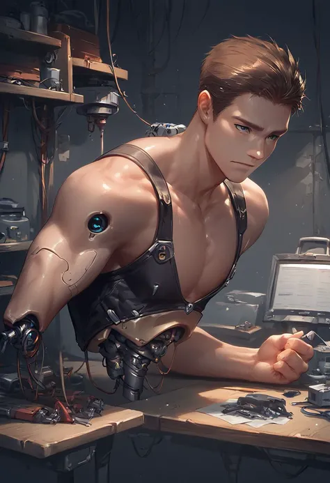 score_9, score_8_up, score_7_up, 1boy, robot torso, solo, brown hair, dark blue eyes, arms, wire, no expression, mechanical parts, human skin, flawless skin, hands, arms, workshop, robot station, Expressiveh