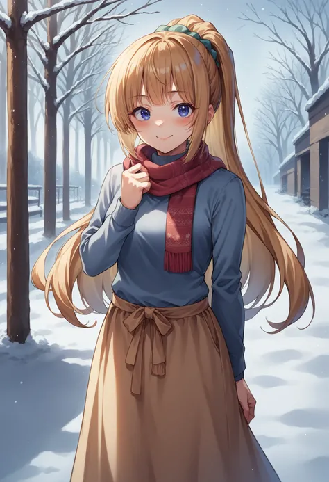 score_9, score_8_up, source_anime, 1girl, solo, KeiKaruizawa, ponytail, hair scrunchie, turtleneck sweater, long skirt, outdoors, scarf, winter, smile, blush, <lora:ChamKeiKaruizawaPonyXL:1>