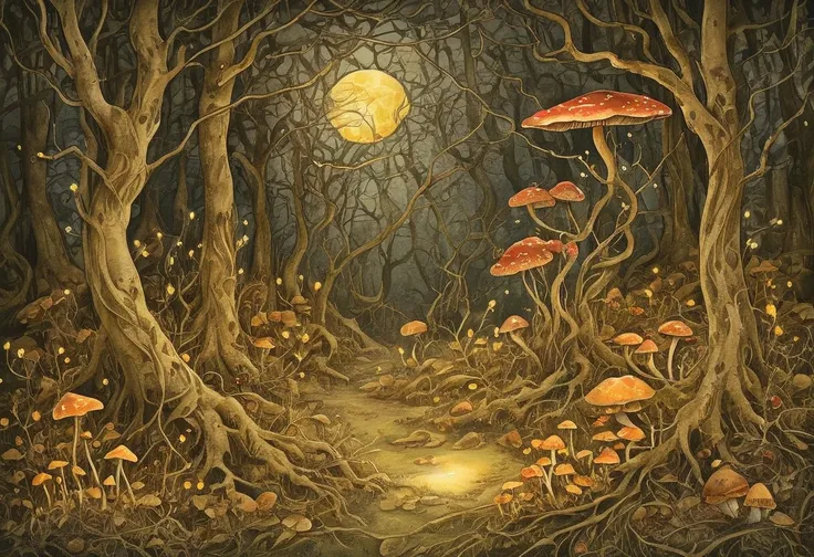 A highly detailed watercolor painting of a moonlit glade. The scene is filled with soft, glowing flowers, delicate foliage, mushrooms and twisted trees, creating an enchanting yet dreamlike atmosphere. The color palette is predominantly warm tones, with sh...