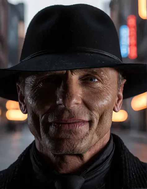 highest resolution raw dslr close-up photo of mib man,smile,black outfit,wearing a black hat,realistic skin texture,pores,dimly lit,sweaty skin,gloomy,dark,cinematic,depth of field,masterpiece,volumetric lighting,cinematic,surreal dramatic shadow,rim light...