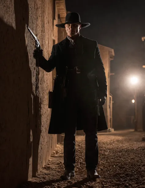 highest resolution raw dslr full body shot photo of mib man,casting a long shadow on a wall,night,illuminated from behind ,standing in a western town,holding a gun,black outfit,wearing a black hat,realistic skin texture,pores,dimly lit,sweaty skin,cinemati...