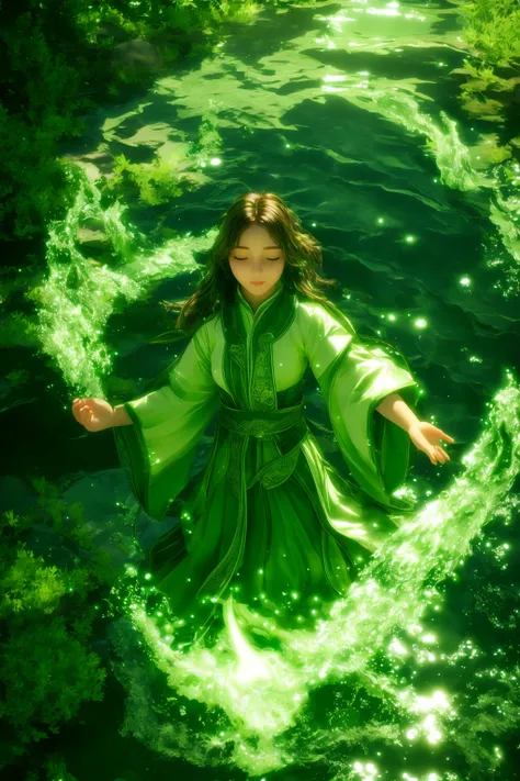 green-aura,green-magic,using green-water-magic,green-water-magic,green-water-aura,1girl,solo,closed eyes,brown hair,indoors,glowing,facing viewer,<lora:magic_fighting_green_512_dreamshaper_8_2:0.8>,